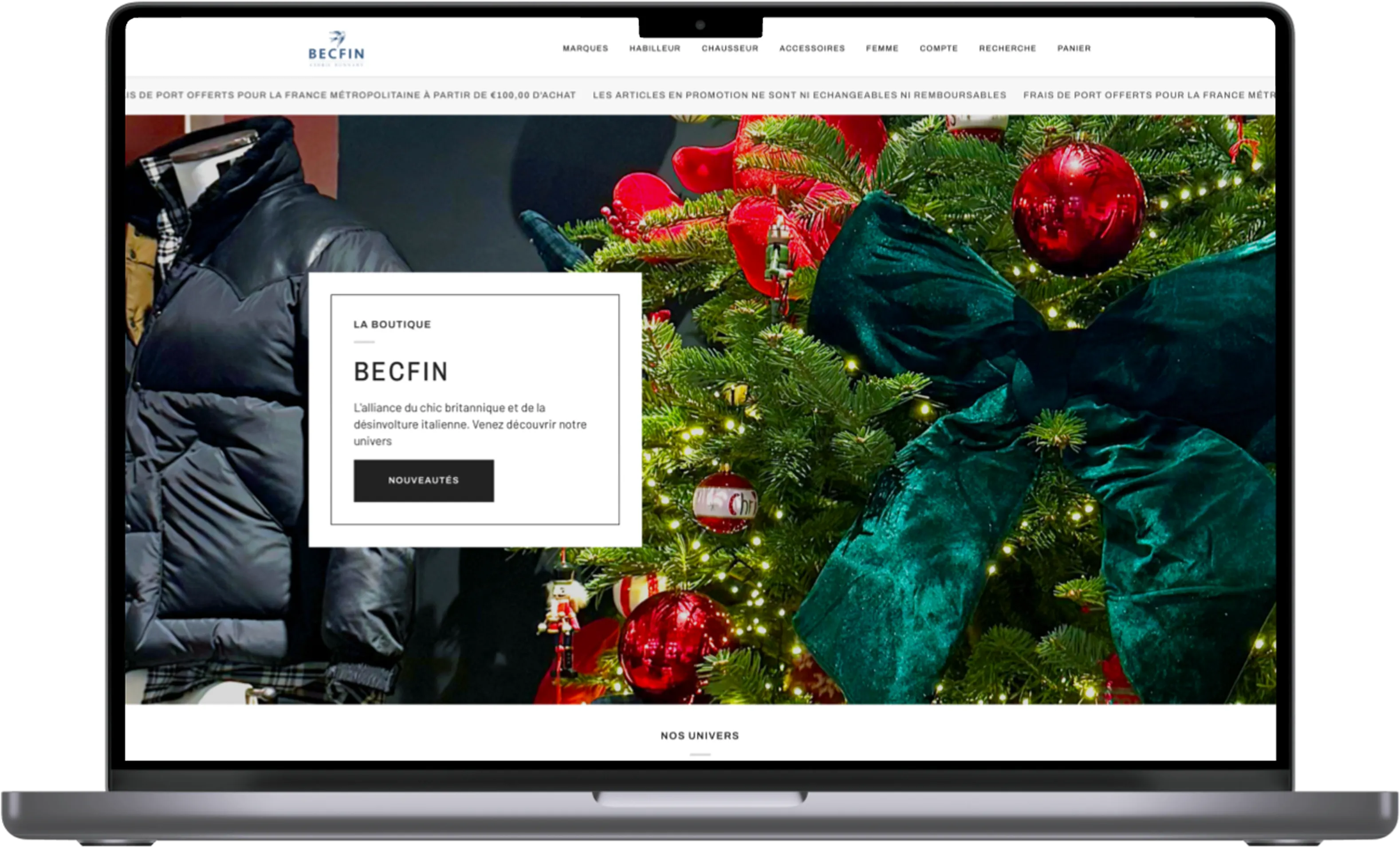 Site web de la boutique Bec Fin sur ordinateur portable, page d’accueil illustrée par une prise de vues de vêtements pour homme dans un décor de fêtes